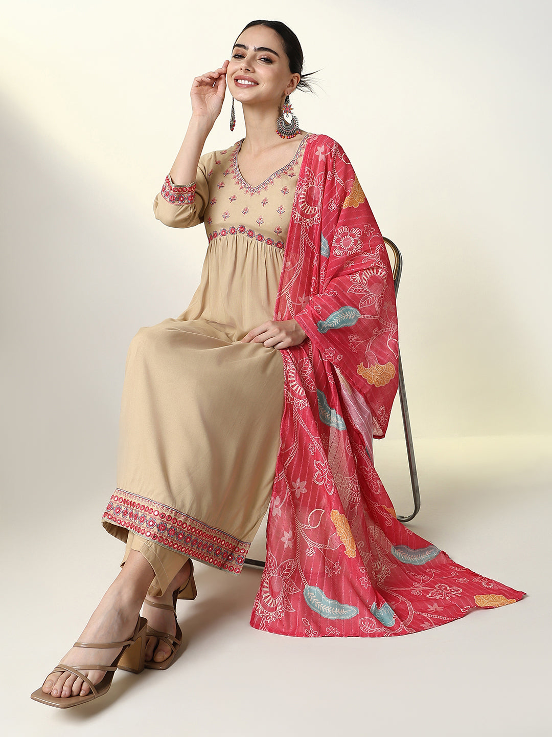 Women Graphic Beige A Line Kurta Set with Dupatta