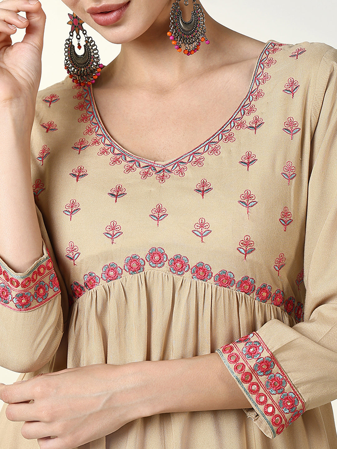 Women Graphic Beige A Line Kurta Set with Dupatta