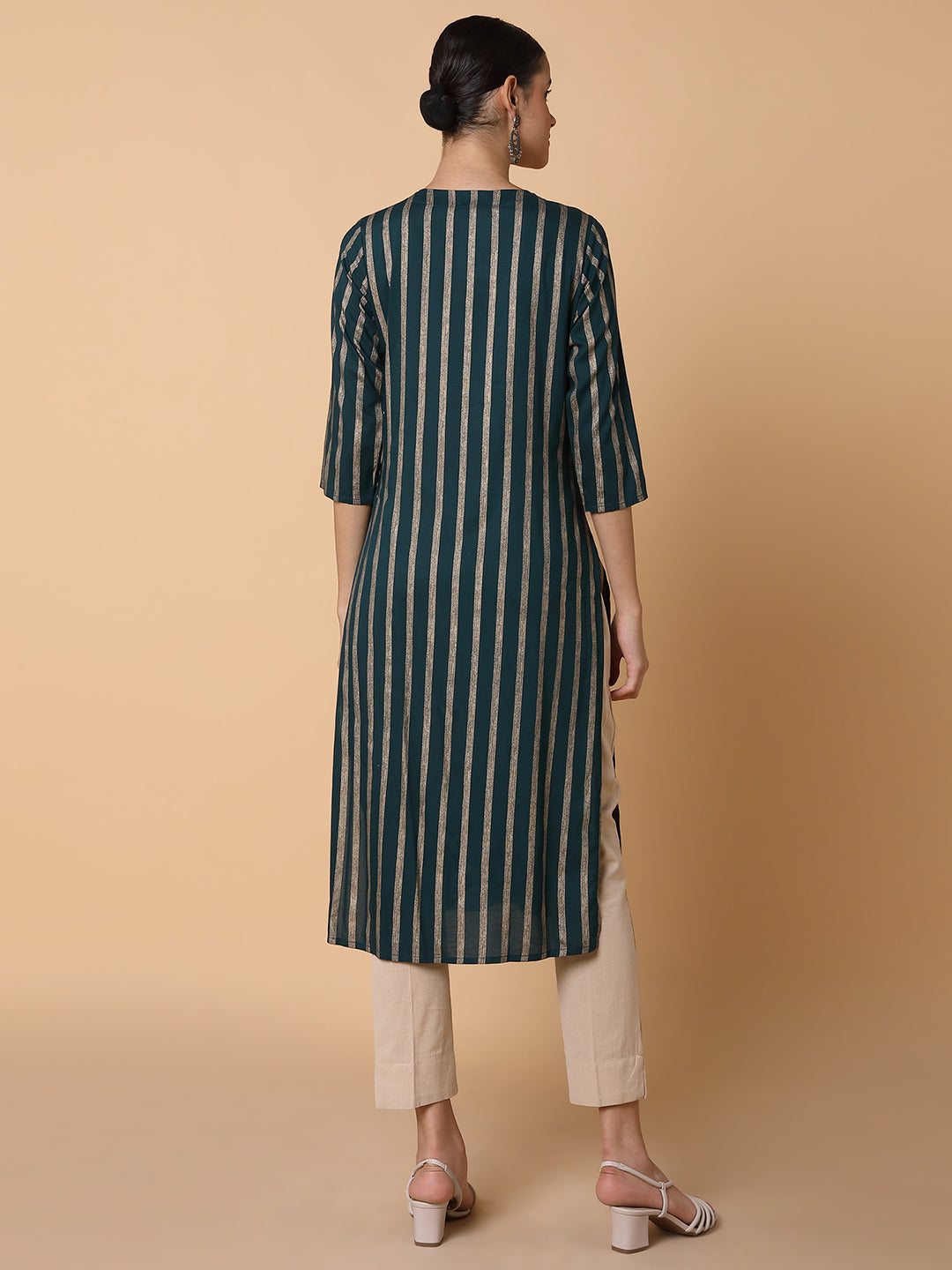 Women Striped Green Straight Kurta