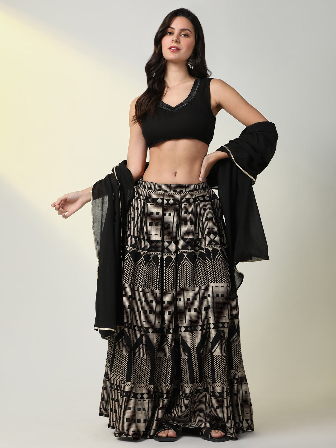 Women Solid Black Lehenga Choli with Dupatta