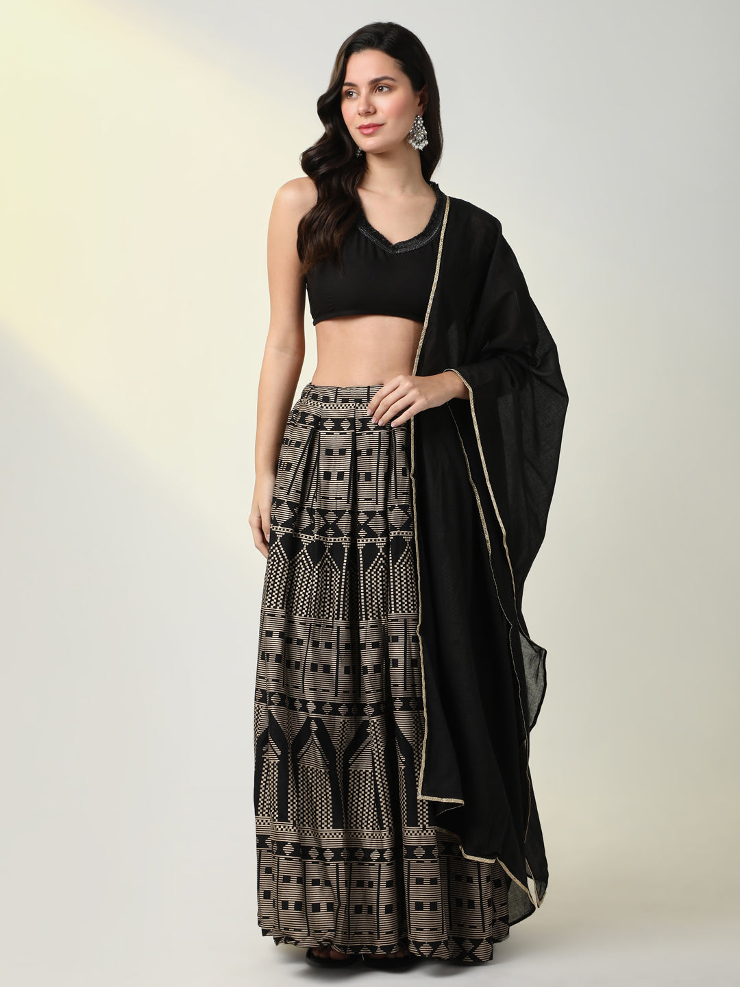 Women Solid Black Lehenga Choli with Dupatta