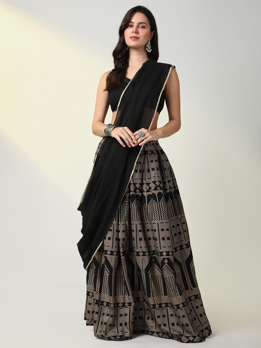 Women Solid Black Lehenga Choli with Dupatta