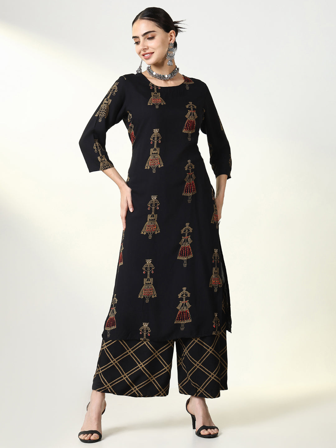 Women Graphic Black Straight Kurta Set