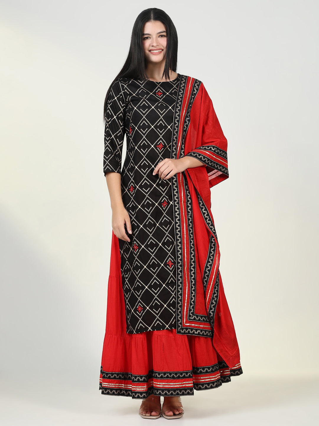 Women Graphic Black Kurta Set with Dupatta