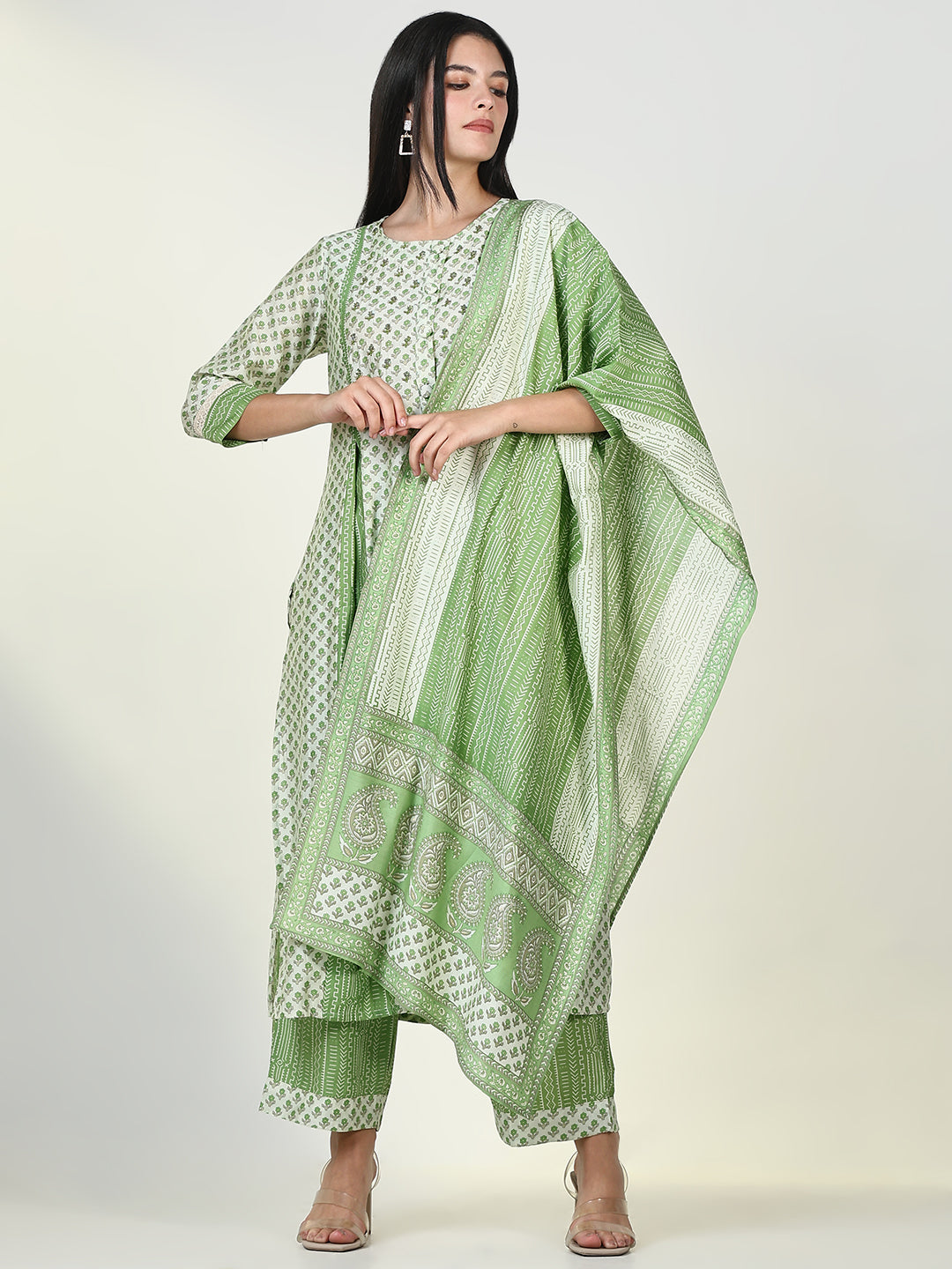 Women Floral Green A Line Kurta Set with Dupatta