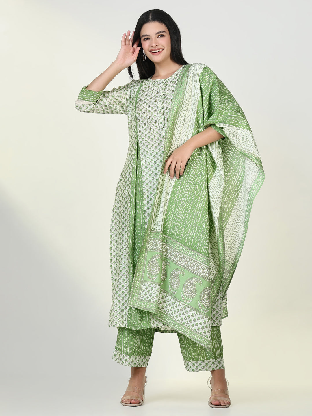 Women Floral Green A Line Kurta Set with Dupatta