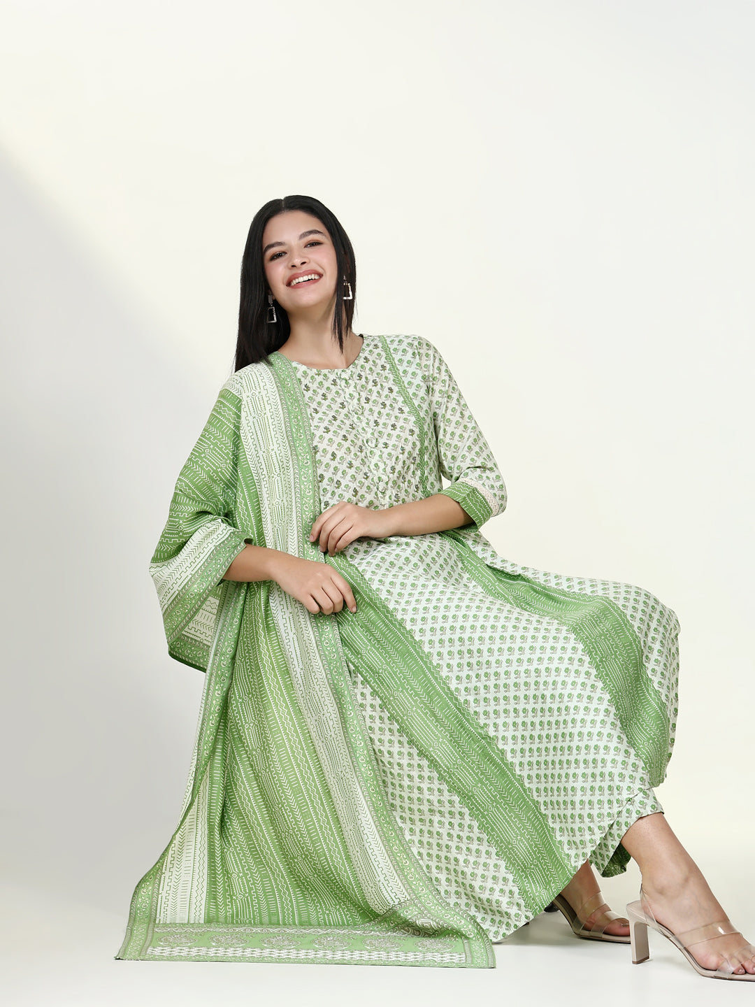 Women Floral Green A Line Kurta Set with Dupatta