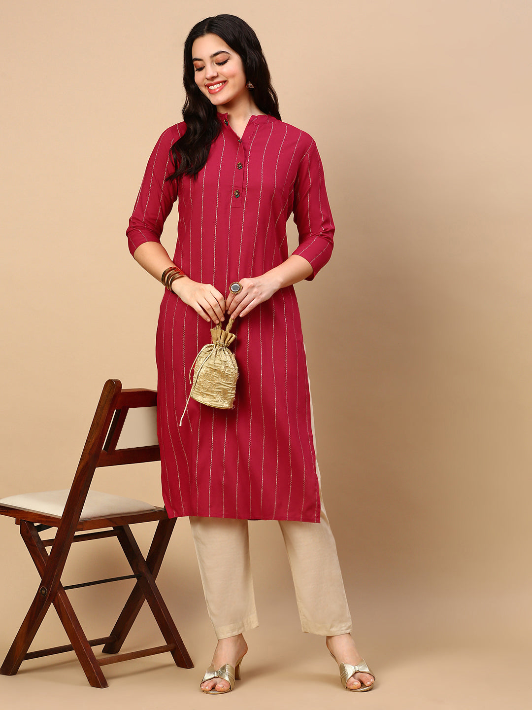 Women Pink Striped Straight Kurta