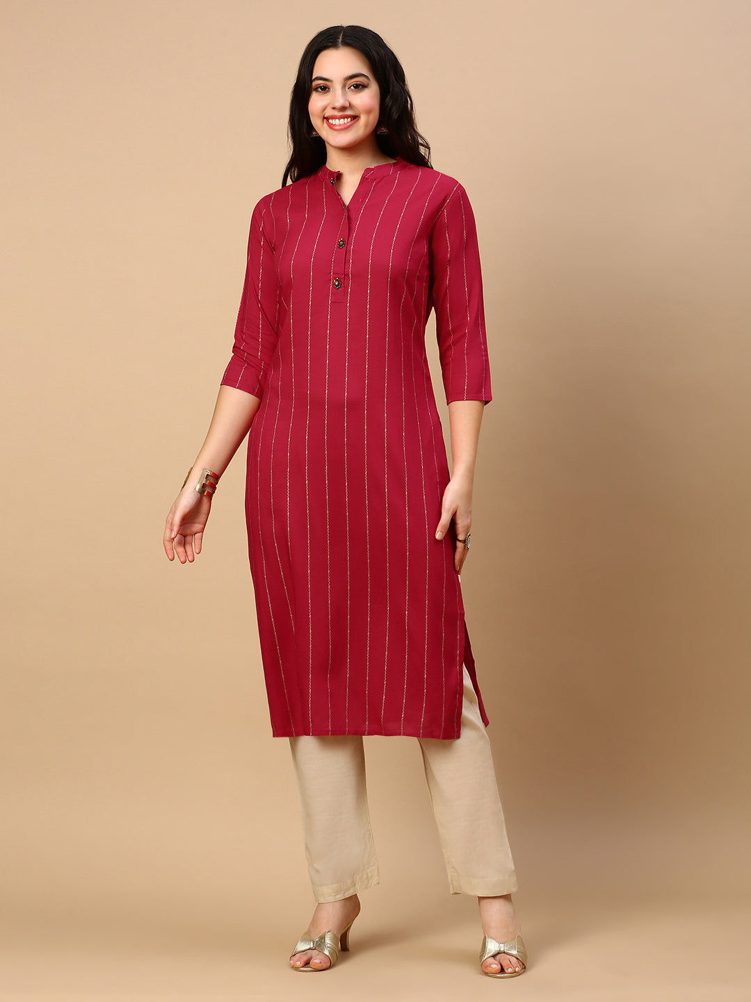 Women Pink Striped Straight Kurta