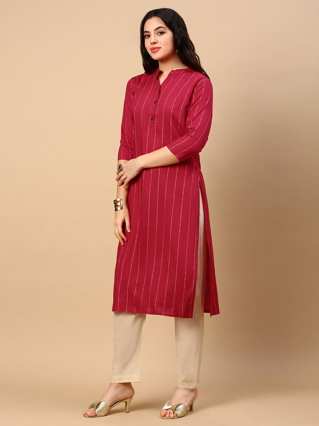 Women Pink Striped Straight Kurta