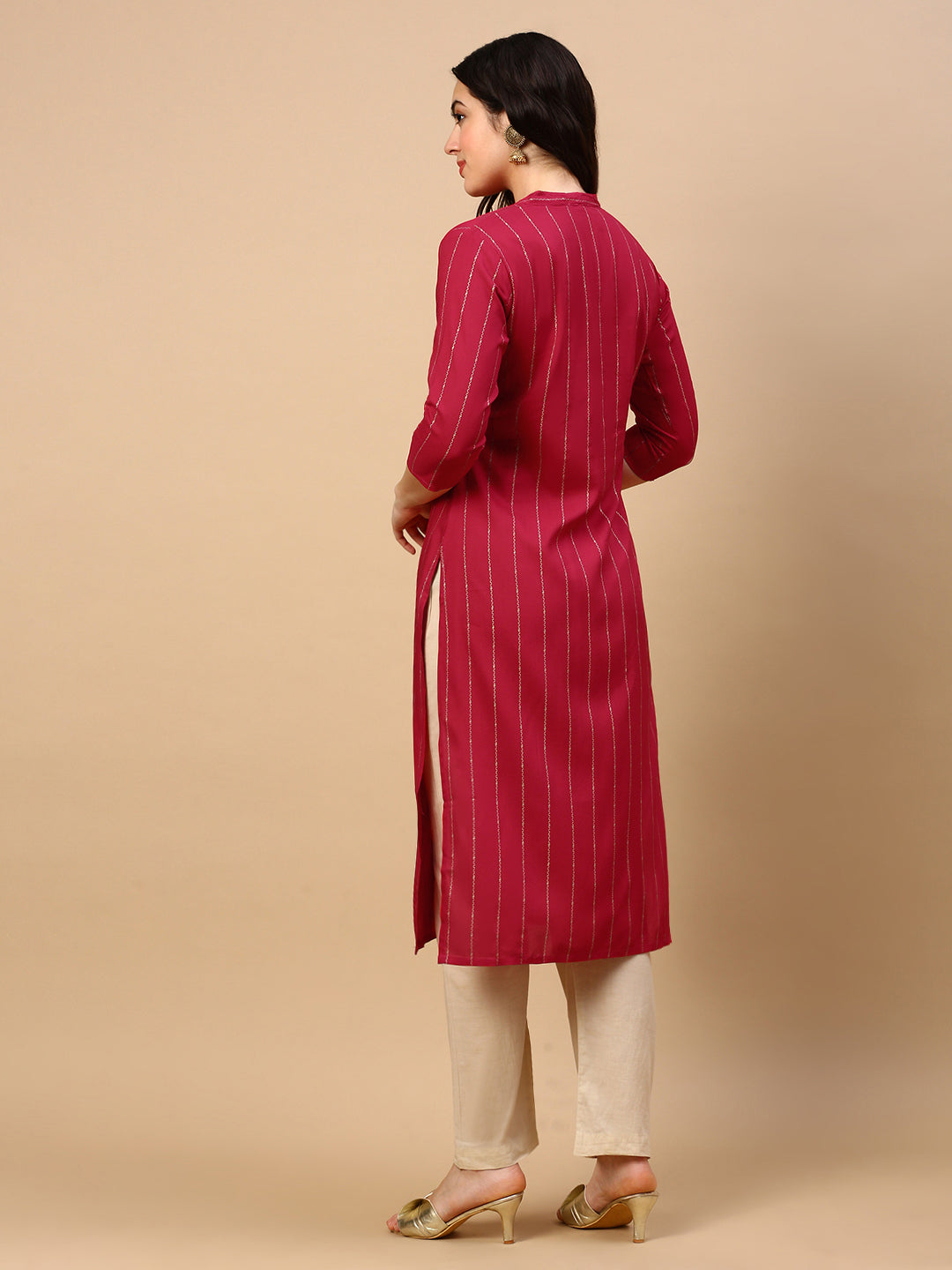 Women Pink Striped Straight Kurta