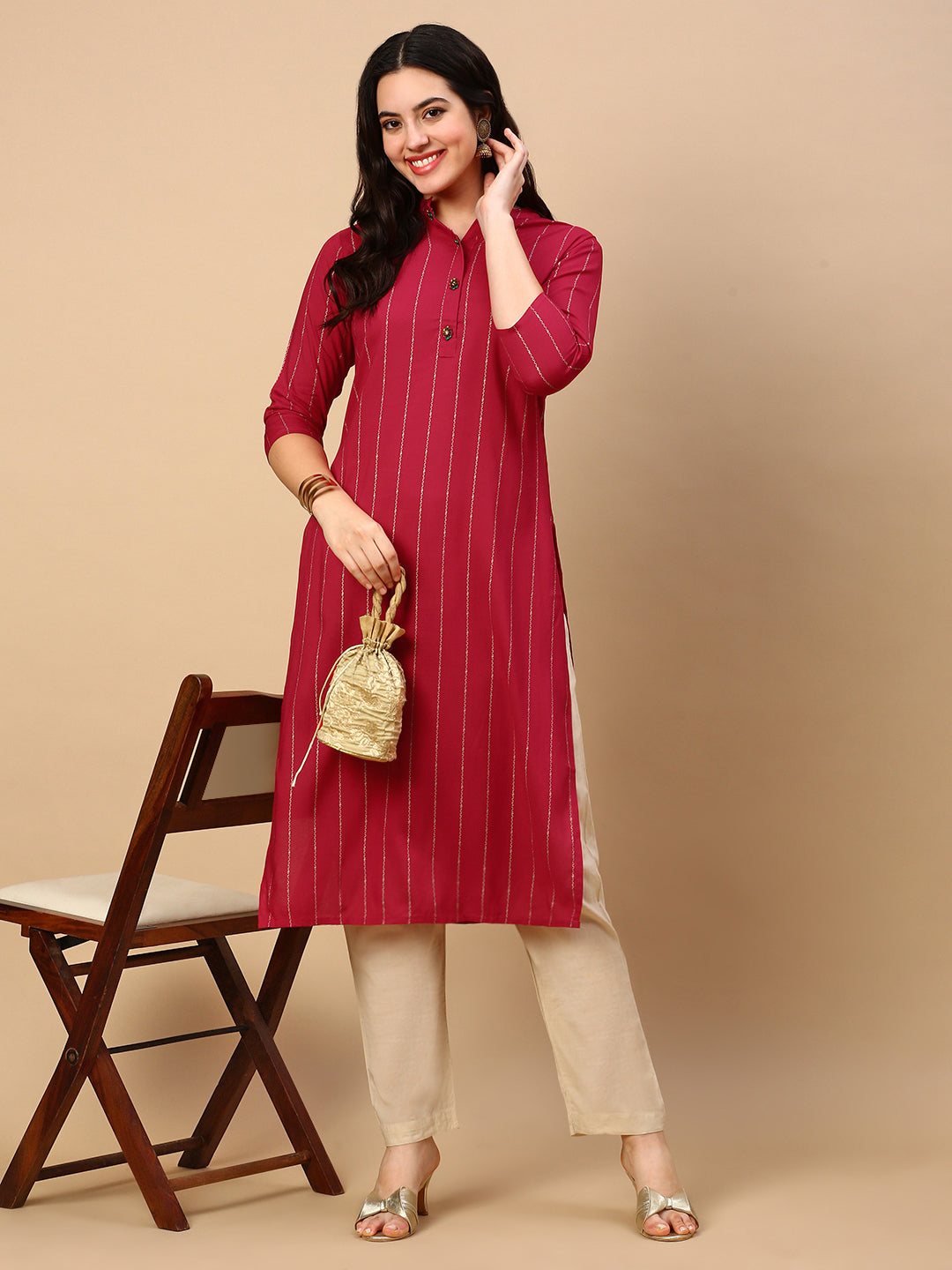 Women Pink Striped Straight Kurta