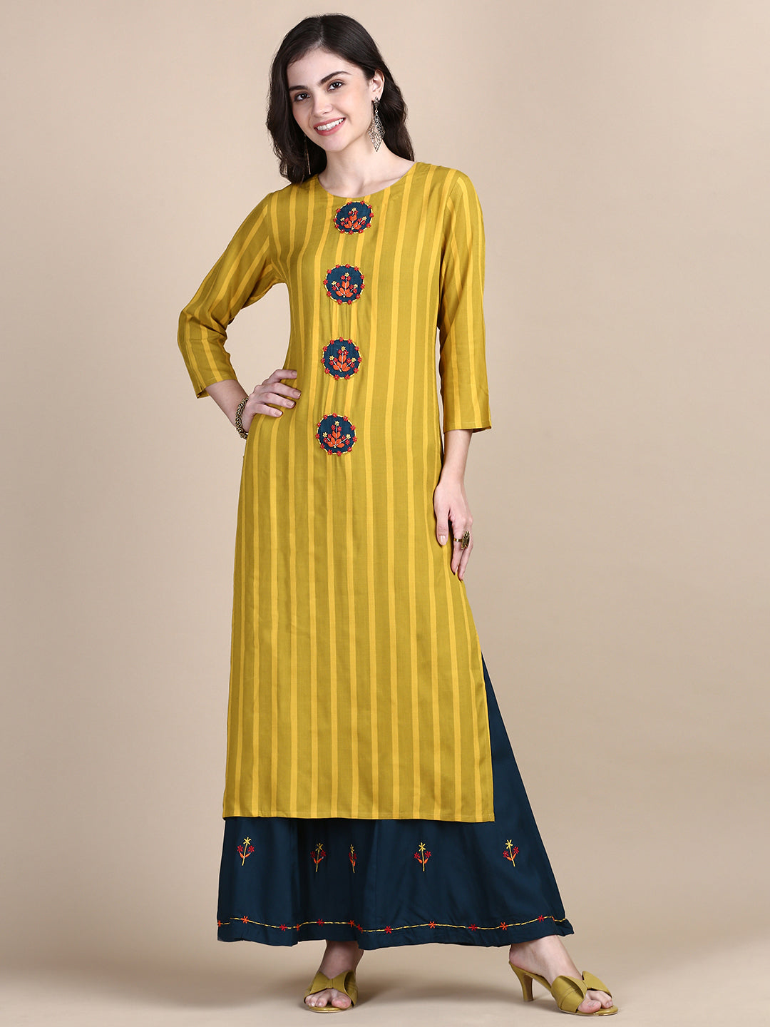 Women Striped Mustard Straight Kurta Set