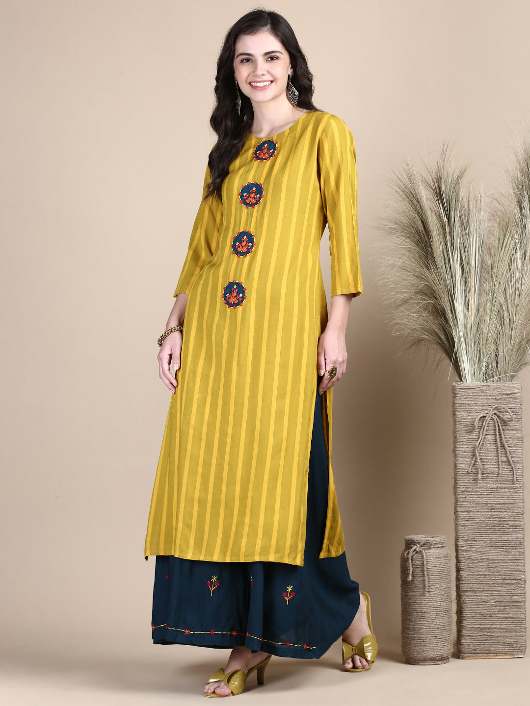 Women Striped Mustard Straight Kurta Set