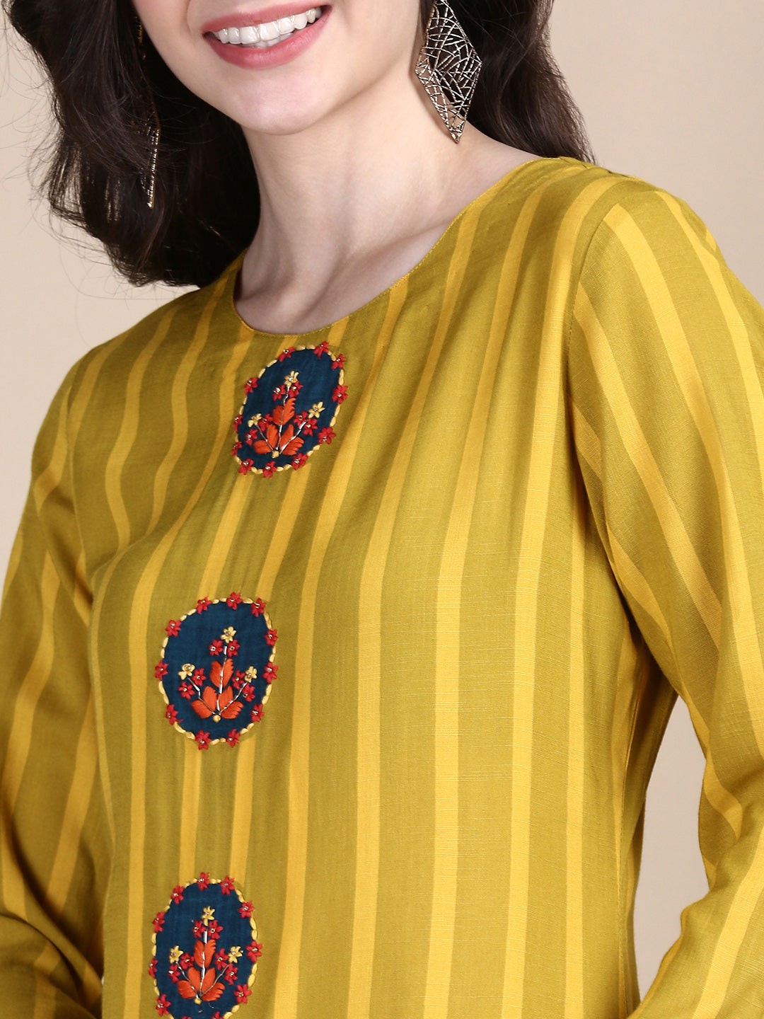 Women Striped Mustard Straight Kurta Set