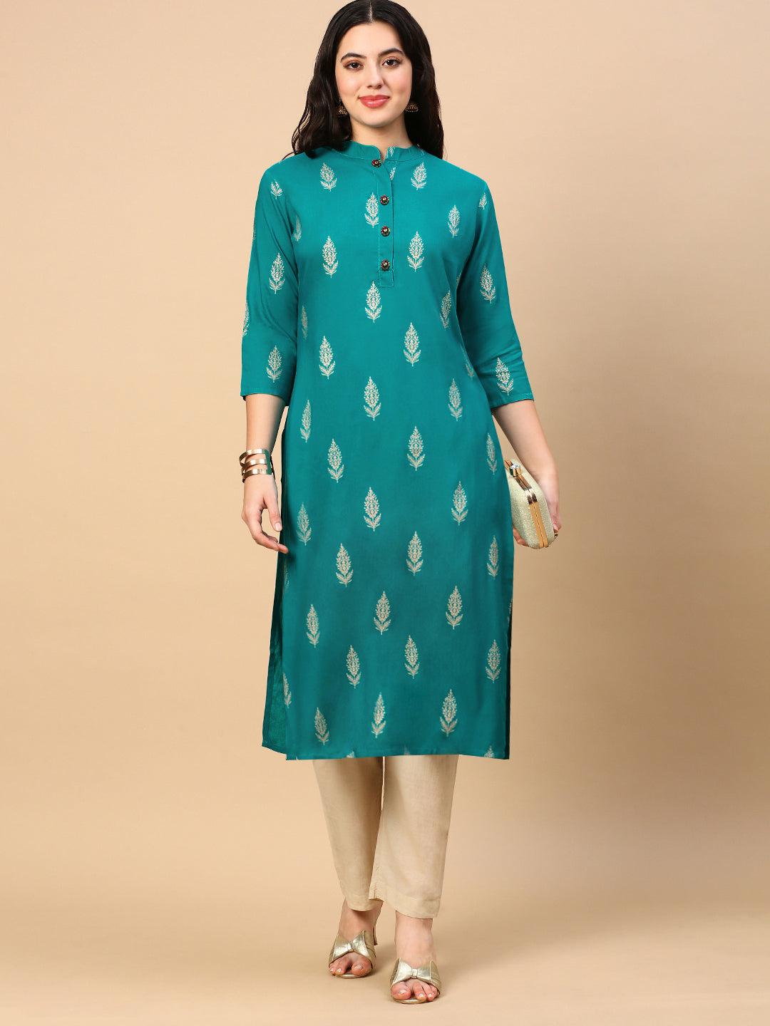 Women Green Graphic Straight Kurta