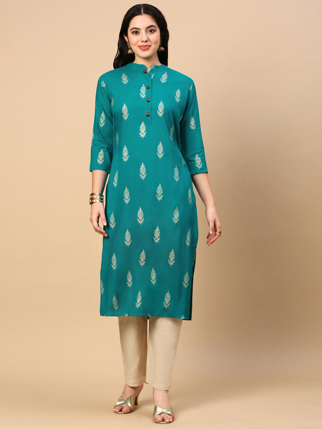 Women Green Graphic Straight Kurta