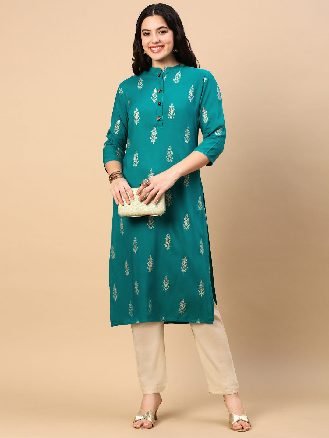 Women Green Graphic Straight Kurta