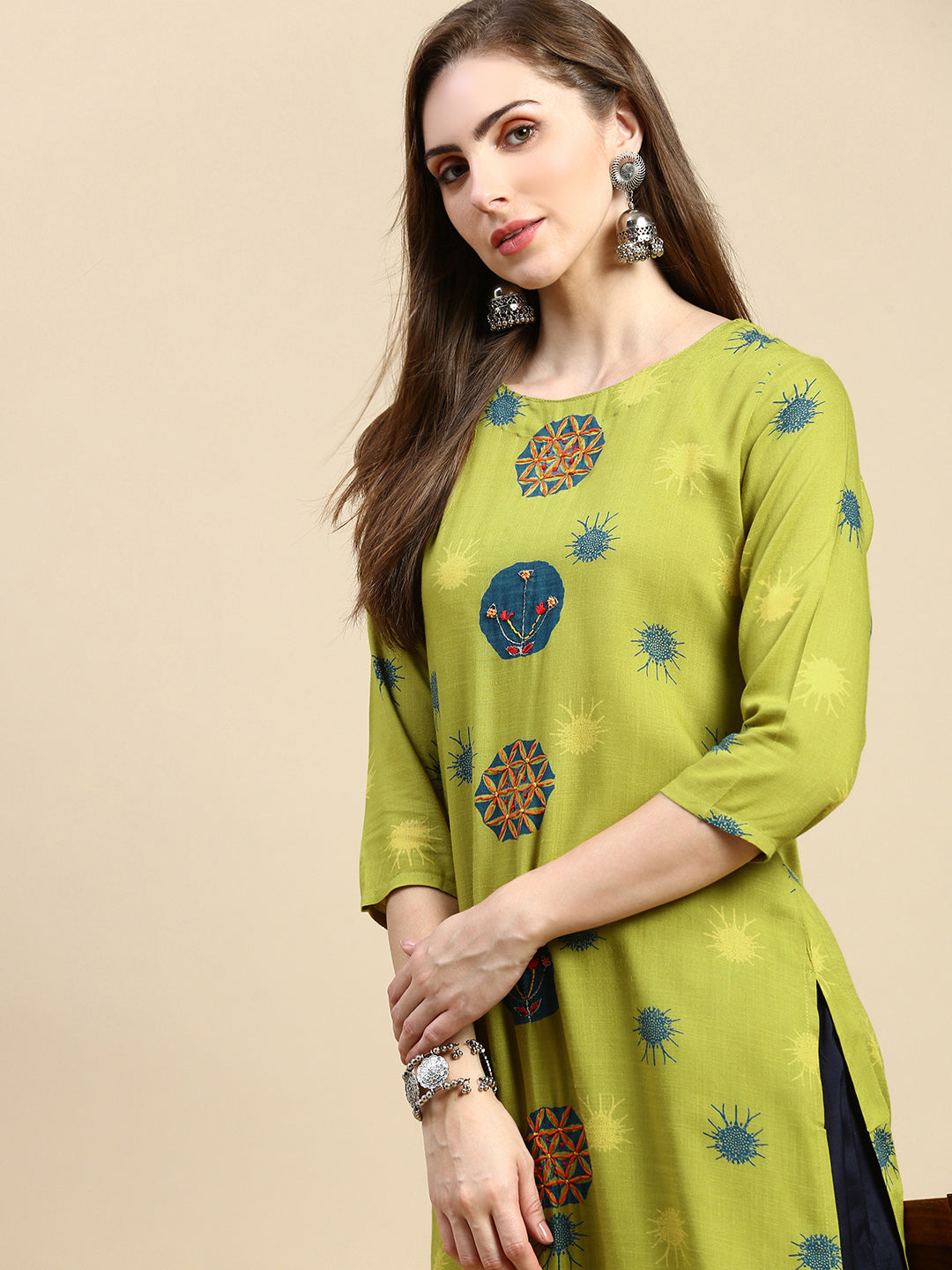 Women Abstract Green Straight Kurta