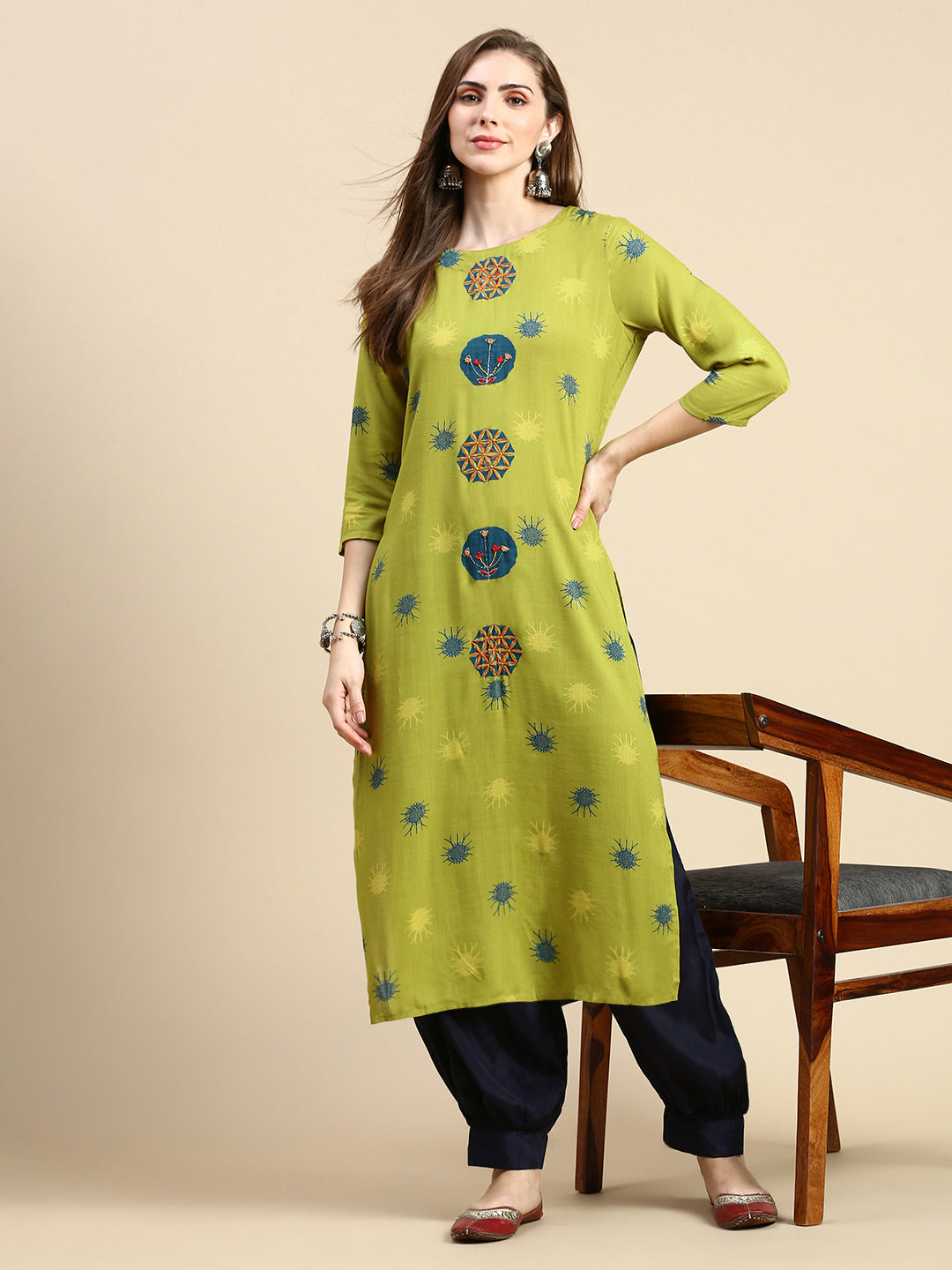 Women Abstract Green Straight Kurta