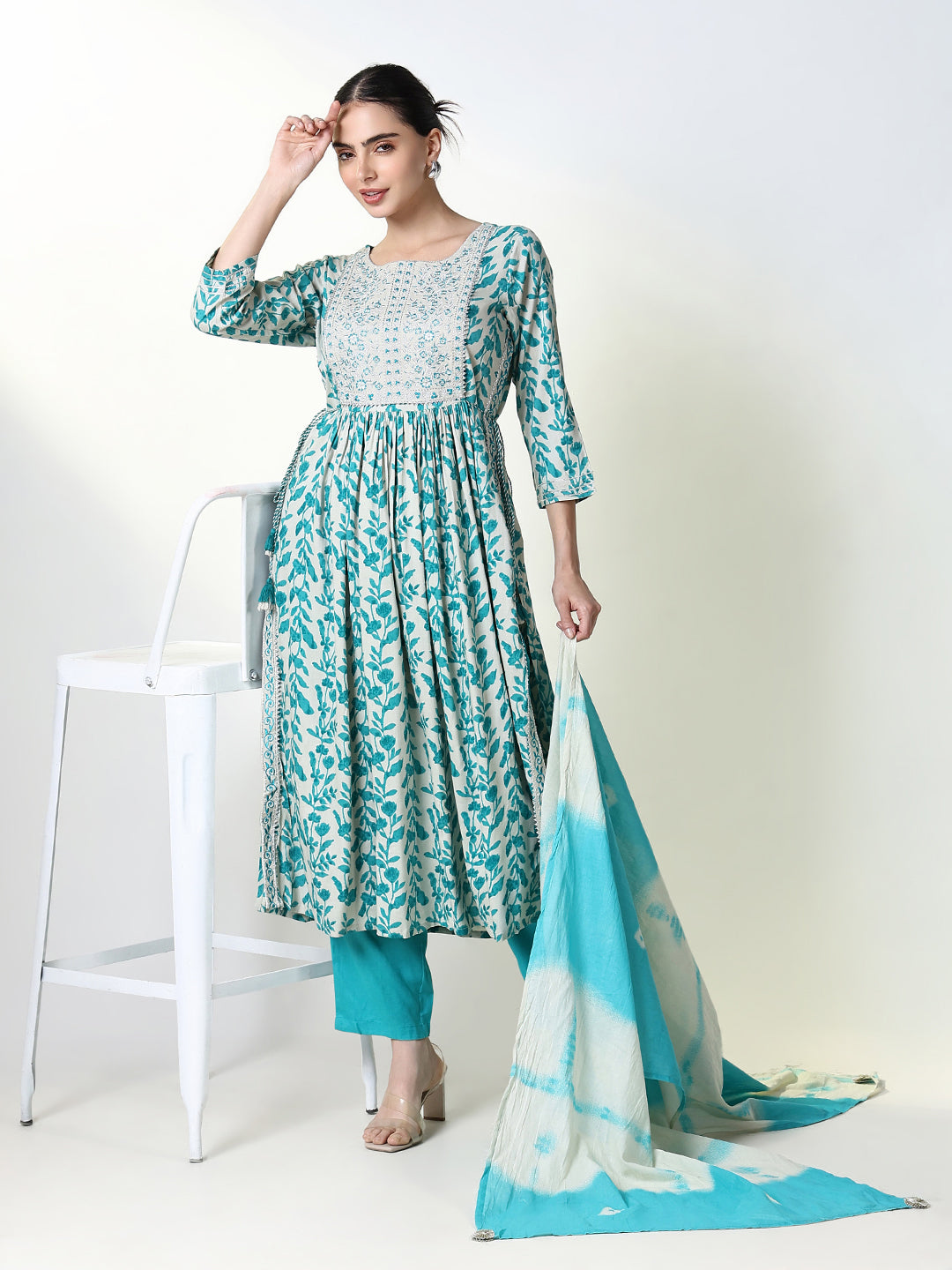 Women Floral Blue Anarkali Kurta Set with Dupatta