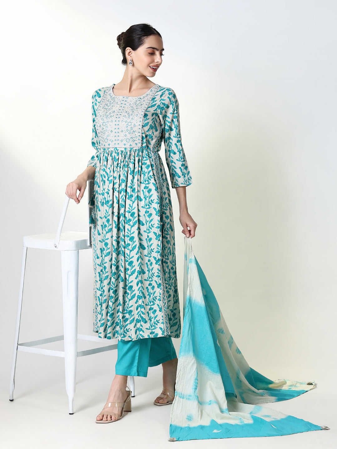 Women Floral Blue Anarkali Kurta Set with Dupatta