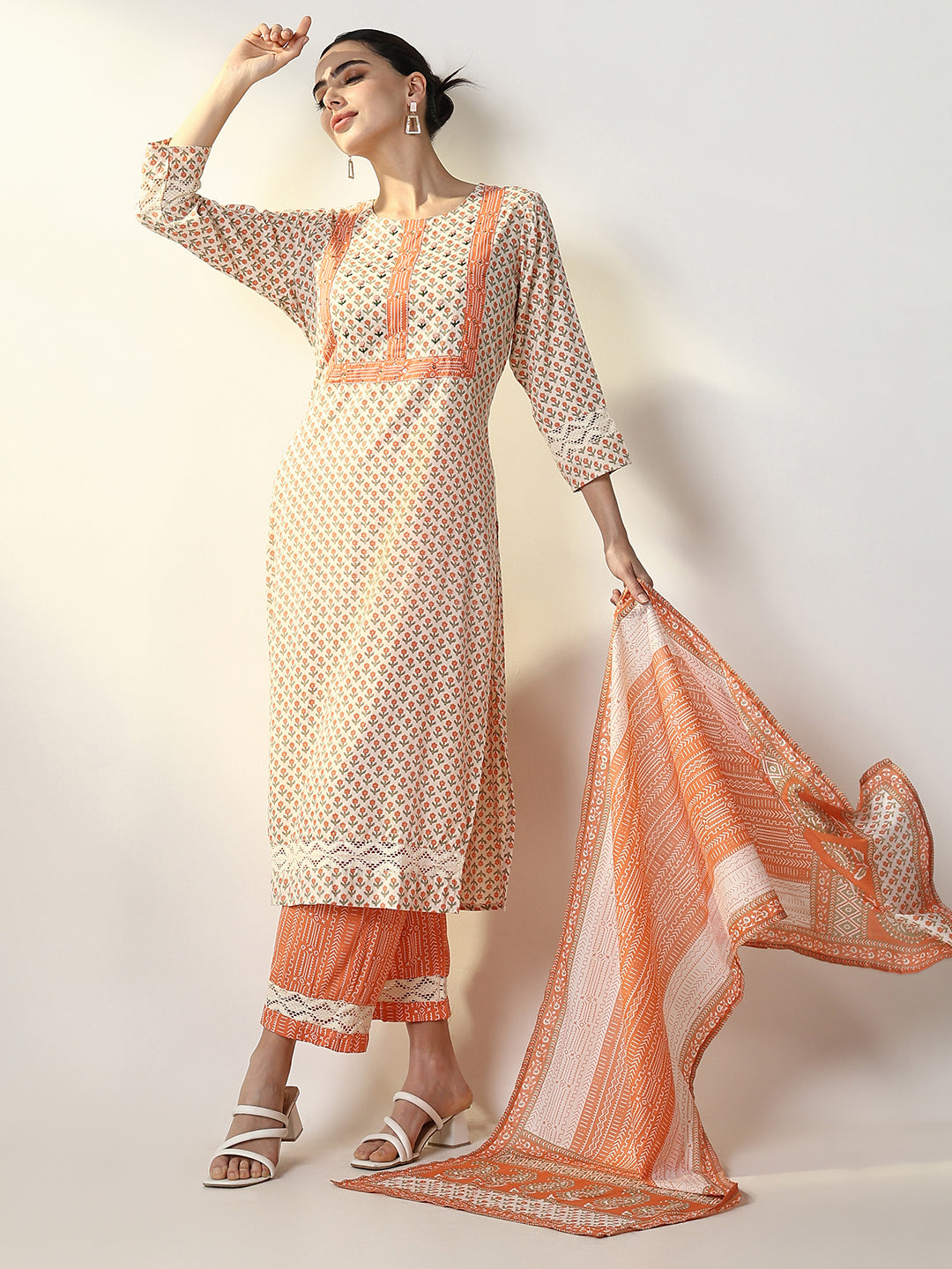 Women Graphic Orange Straight Kurta Set with Dupatta