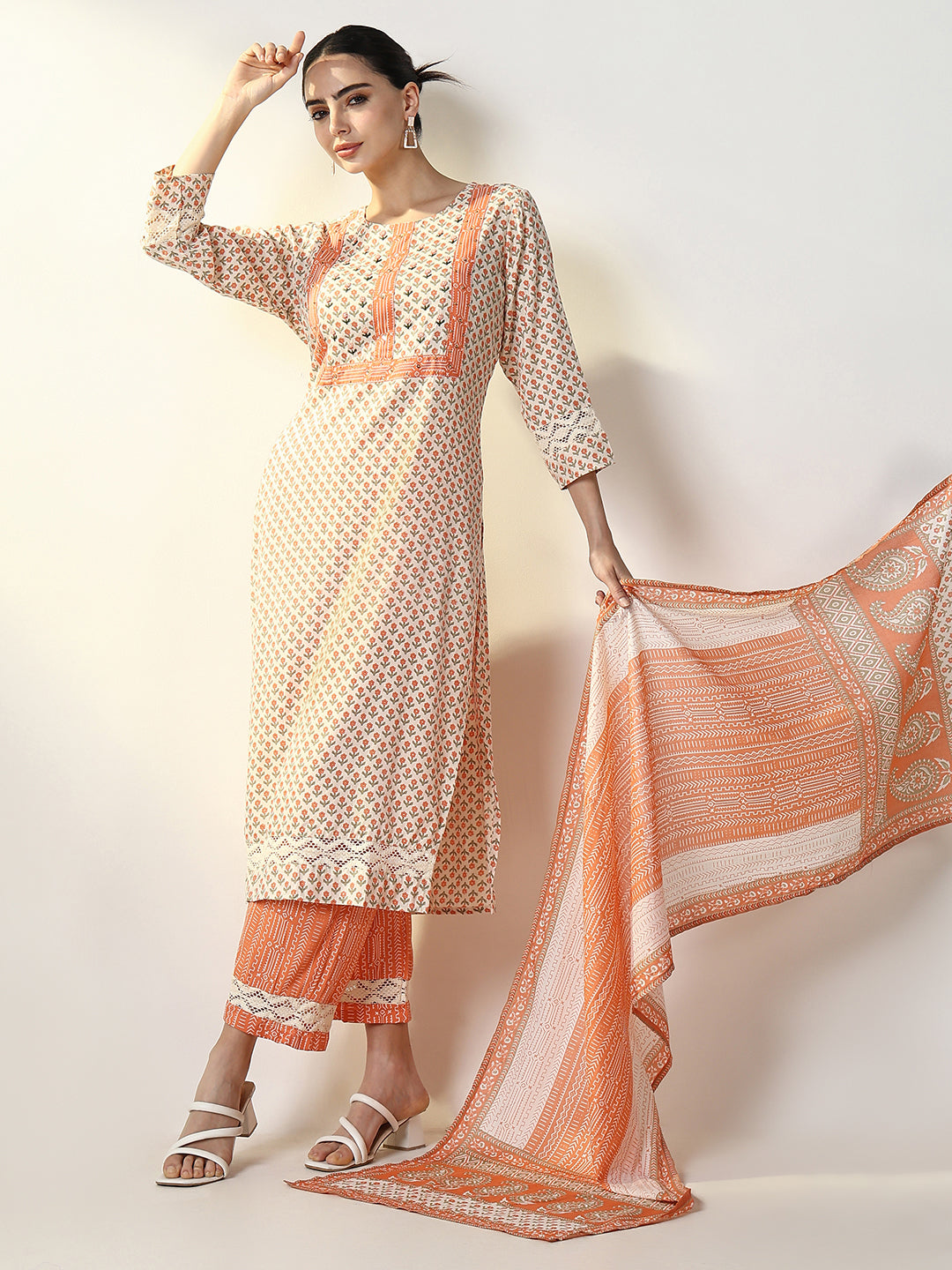 Women Graphic Orange Straight Kurta Set with Dupatta