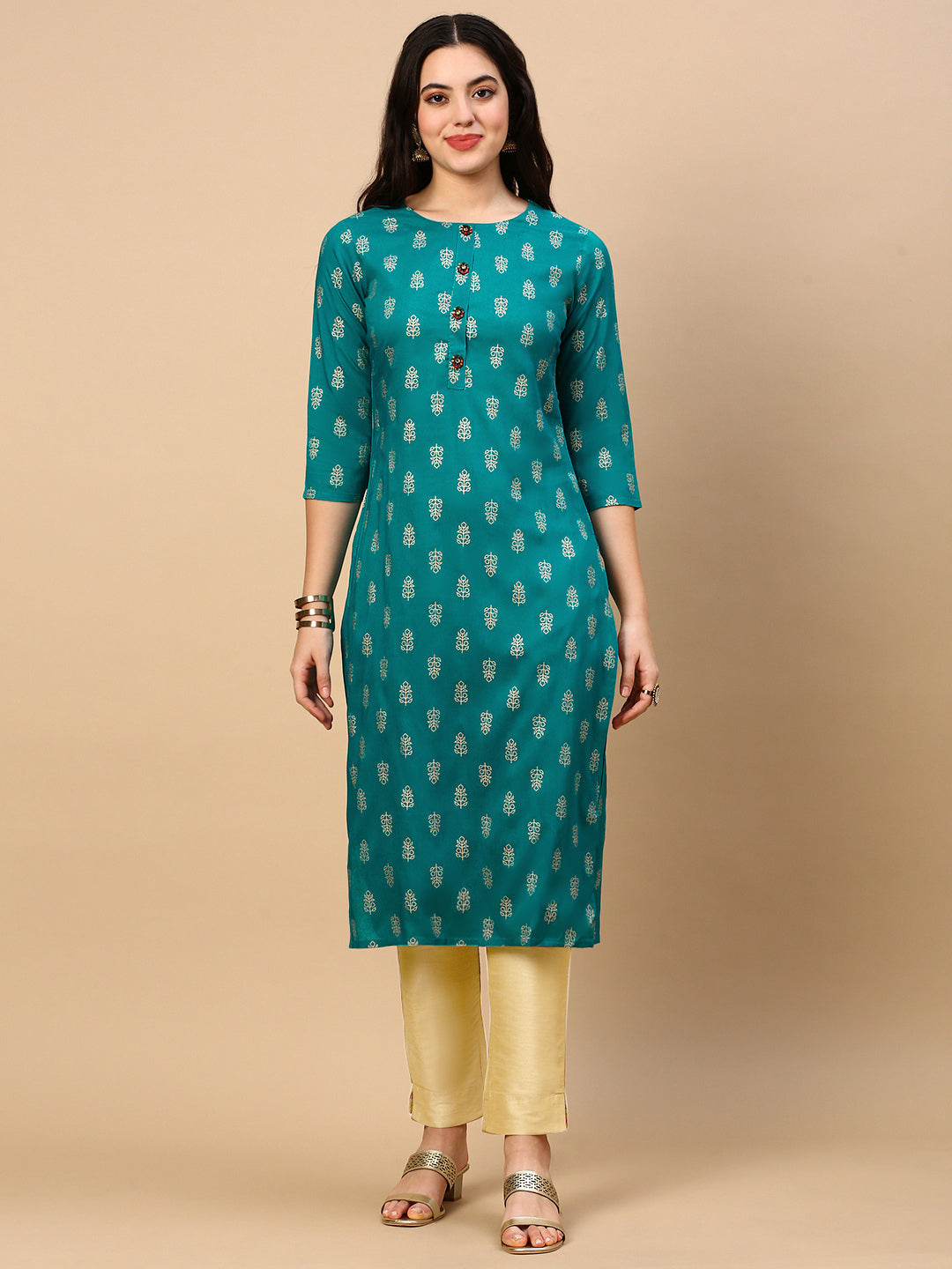 Women Teal Graphic Straight Kurta