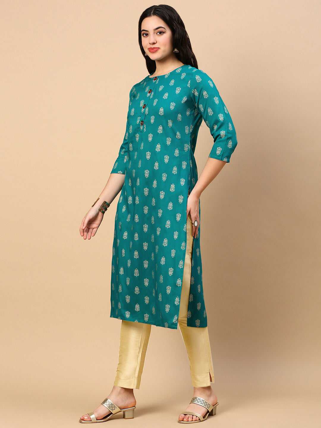 Women Teal Graphic Straight Kurta