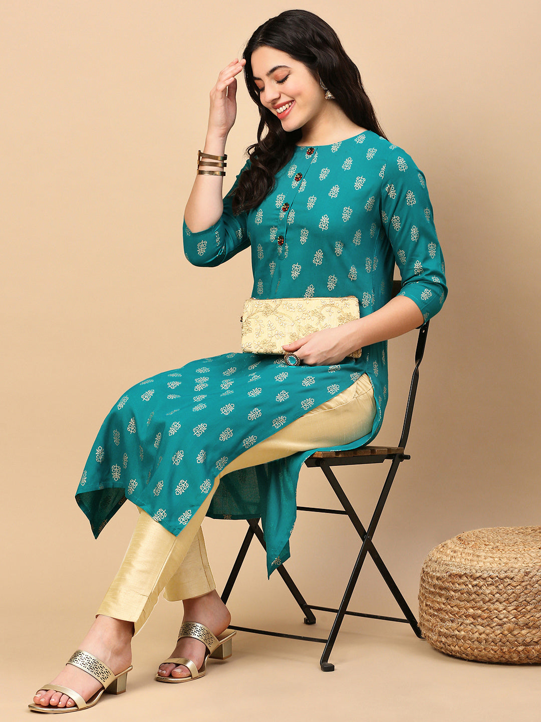 Women Teal Graphic Straight Kurta