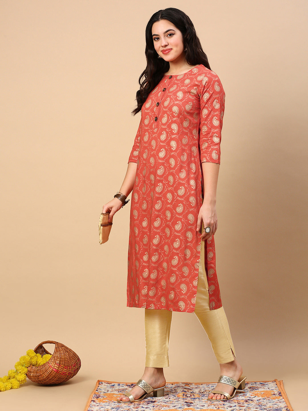 Women Orange Paisley Straight Kurta