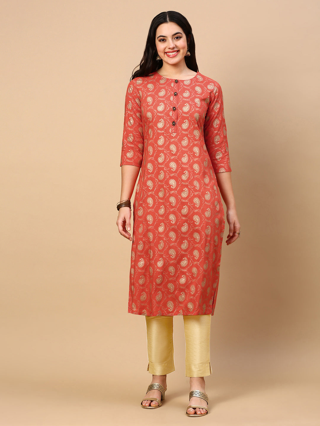 Women Orange Paisley Straight Kurta