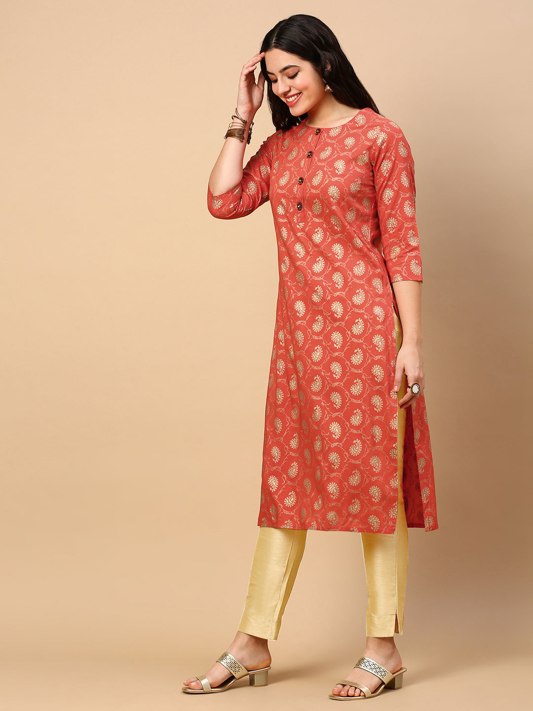 Women Orange Paisley Straight Kurta