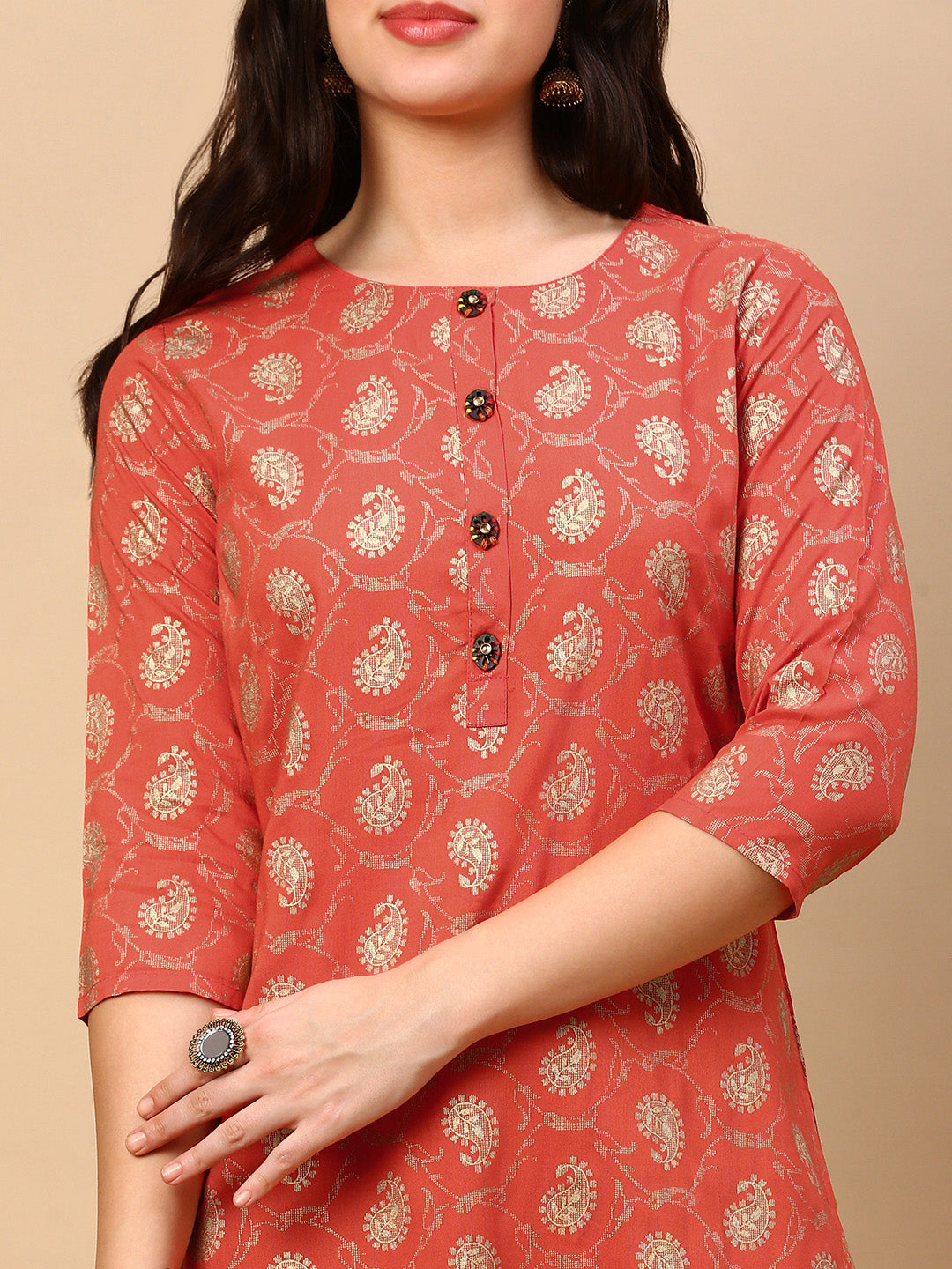 Women Orange Paisley Straight Kurta