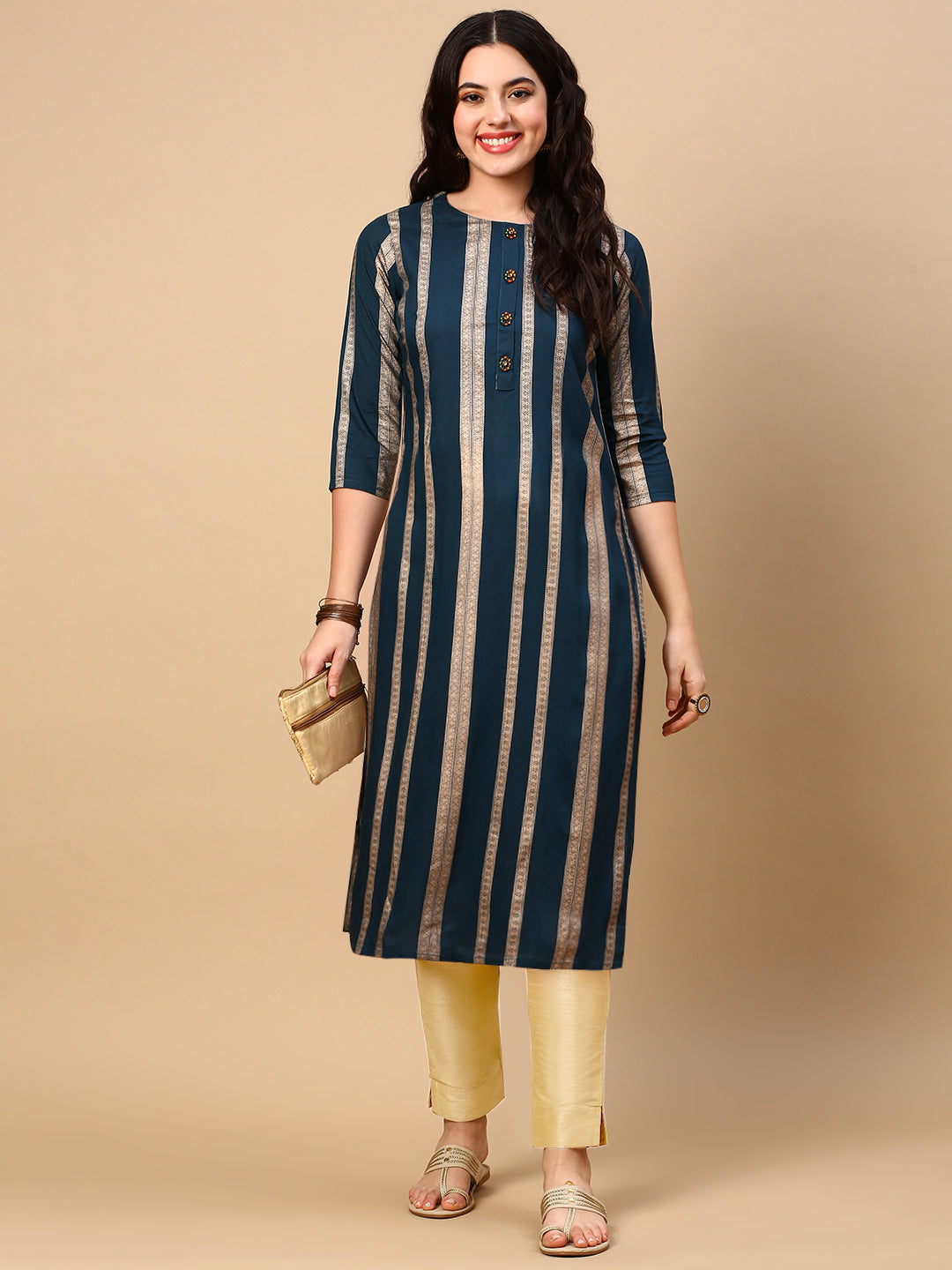 Women Teal Striped Straight Kurta