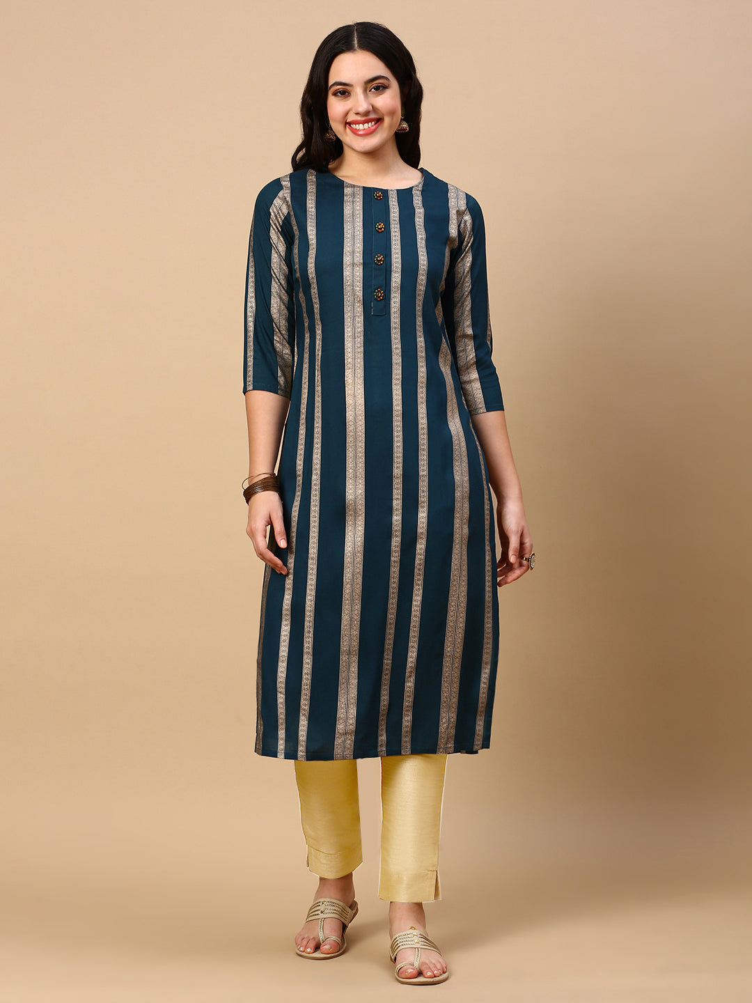 Women Teal Striped Straight Kurta