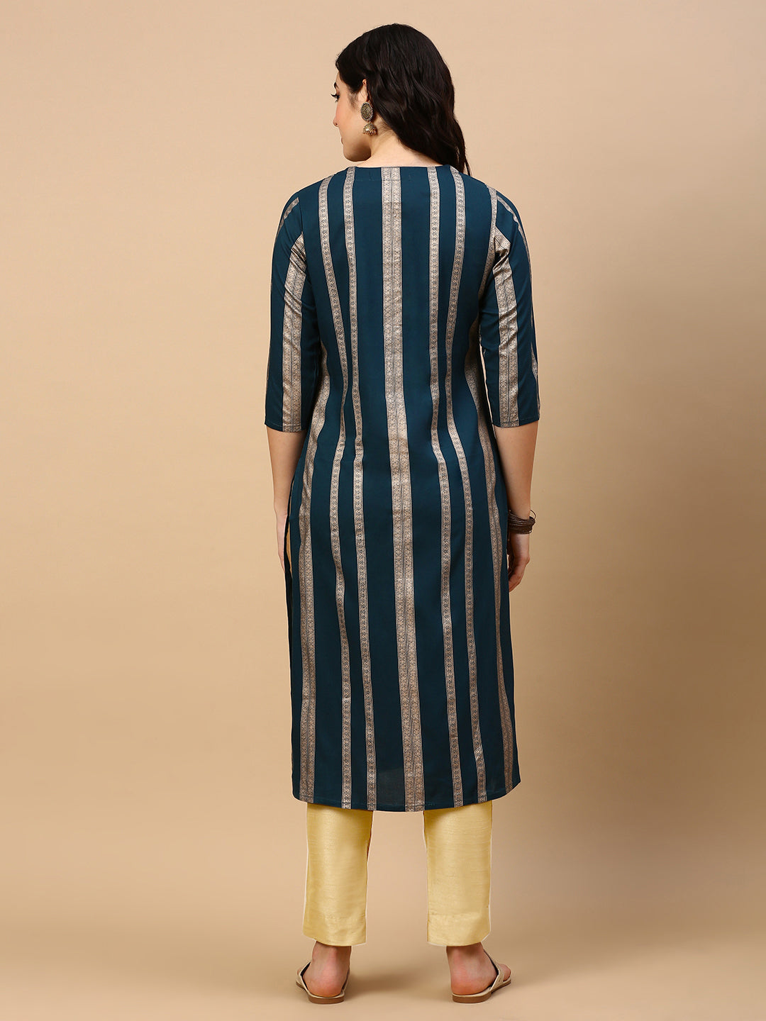 Women Teal Striped Straight Kurta