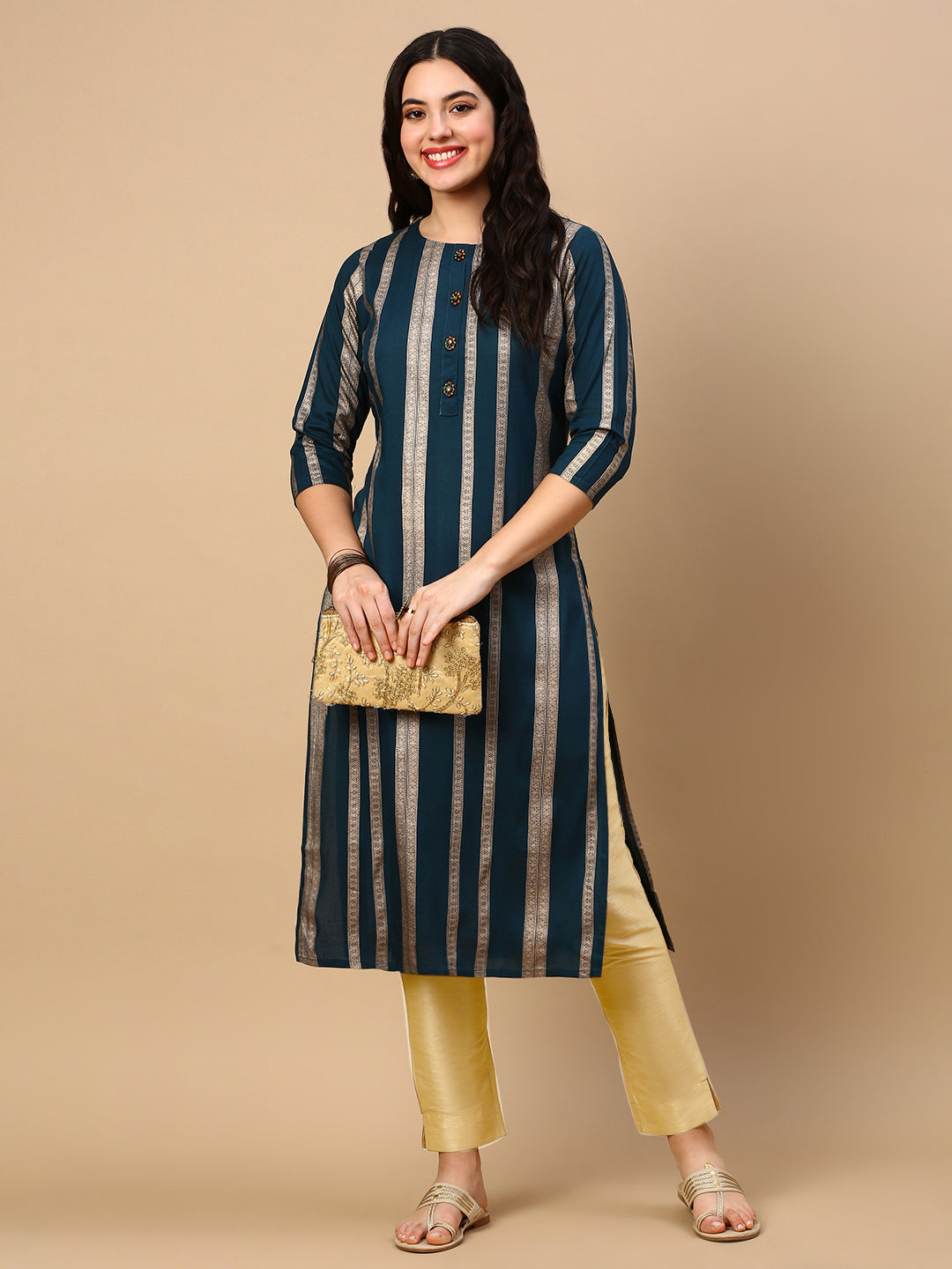 Women Teal Striped Straight Kurta