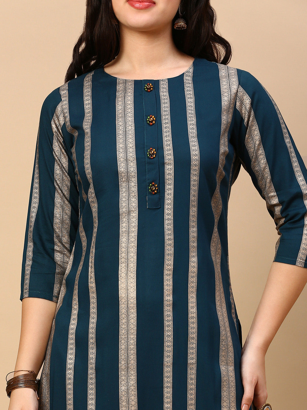 Women Teal Striped Straight Kurta