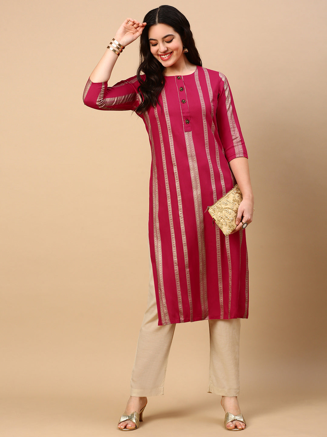 Women Pink Graphic Straight Kurta