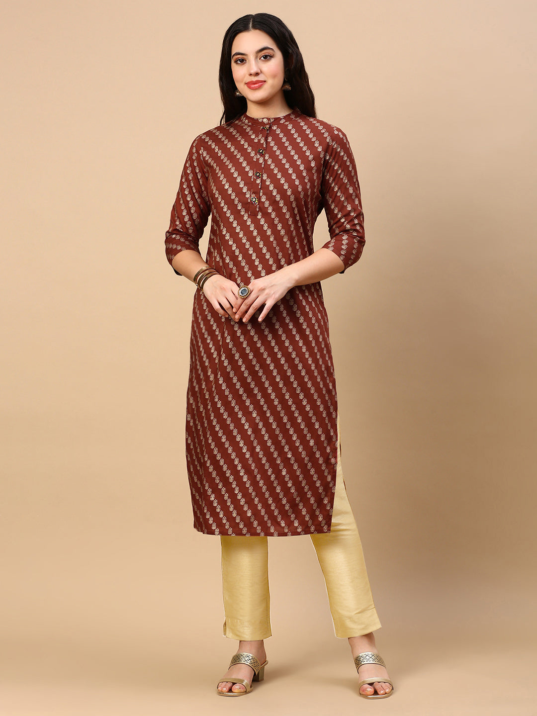 Women Brown Striped Straight Kurta