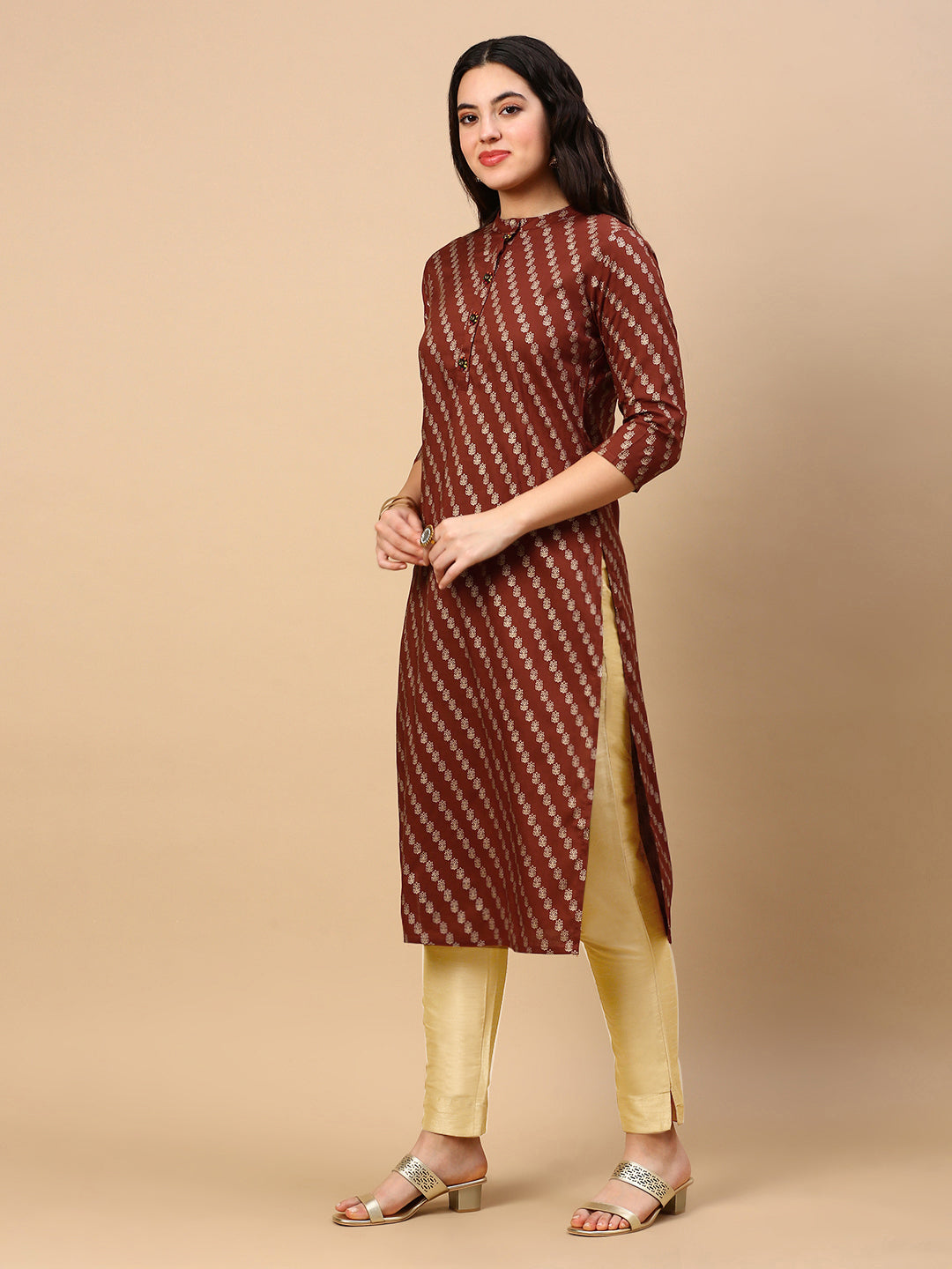 Women Brown Striped Straight Kurta