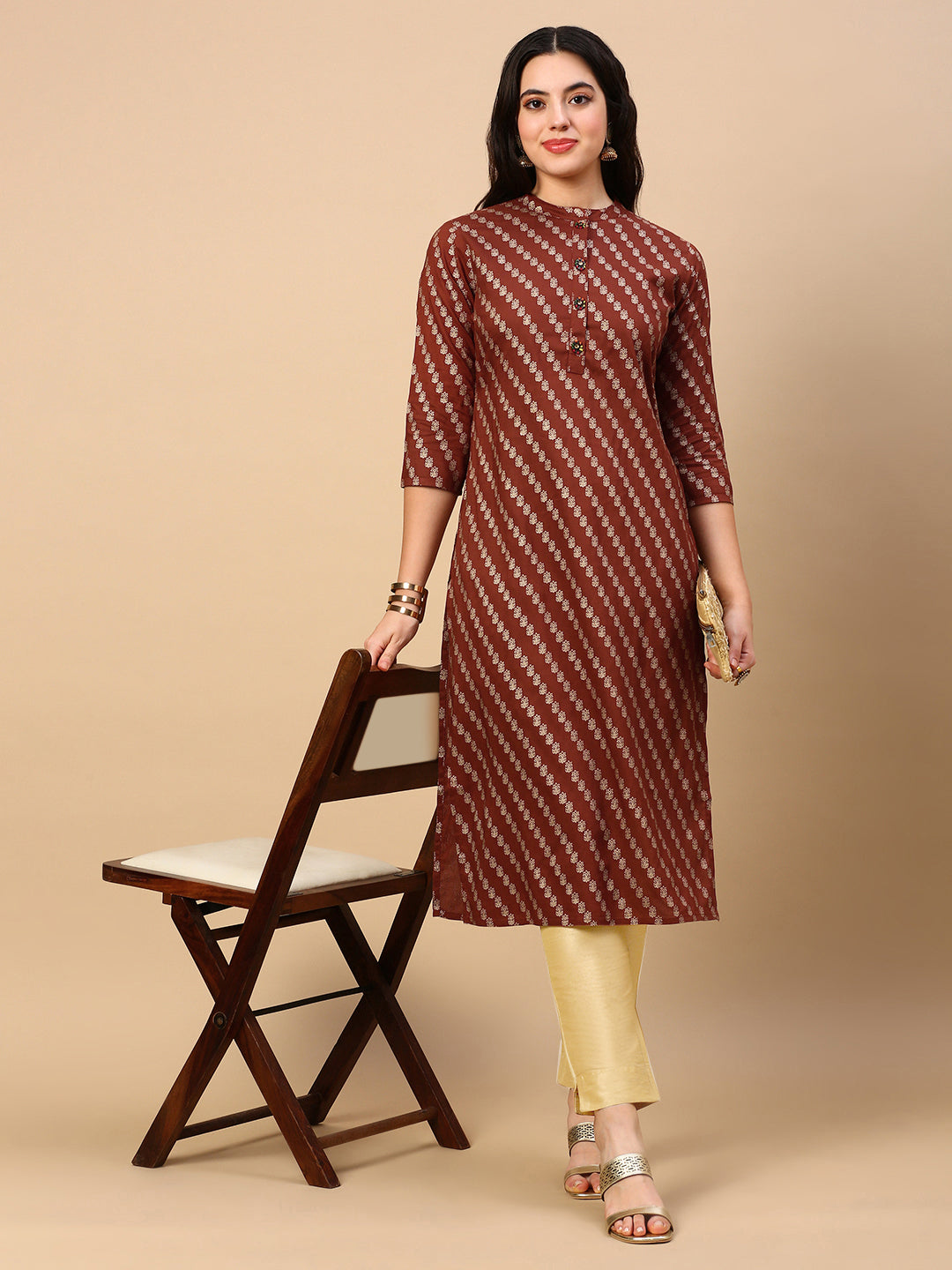 Women Brown Striped Straight Kurta