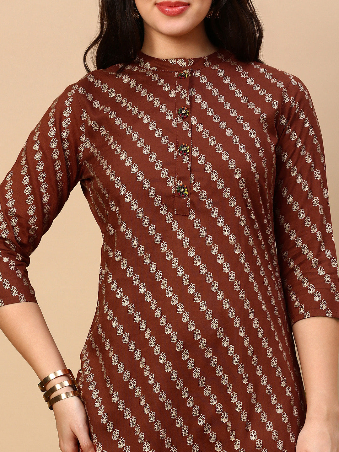 Women Brown Striped Straight Kurta