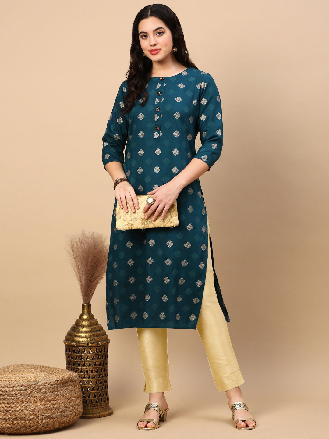 Women Teal Graphic Straight Kurta