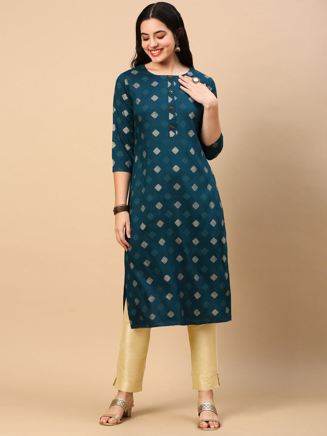 Women Teal Graphic Straight Kurta