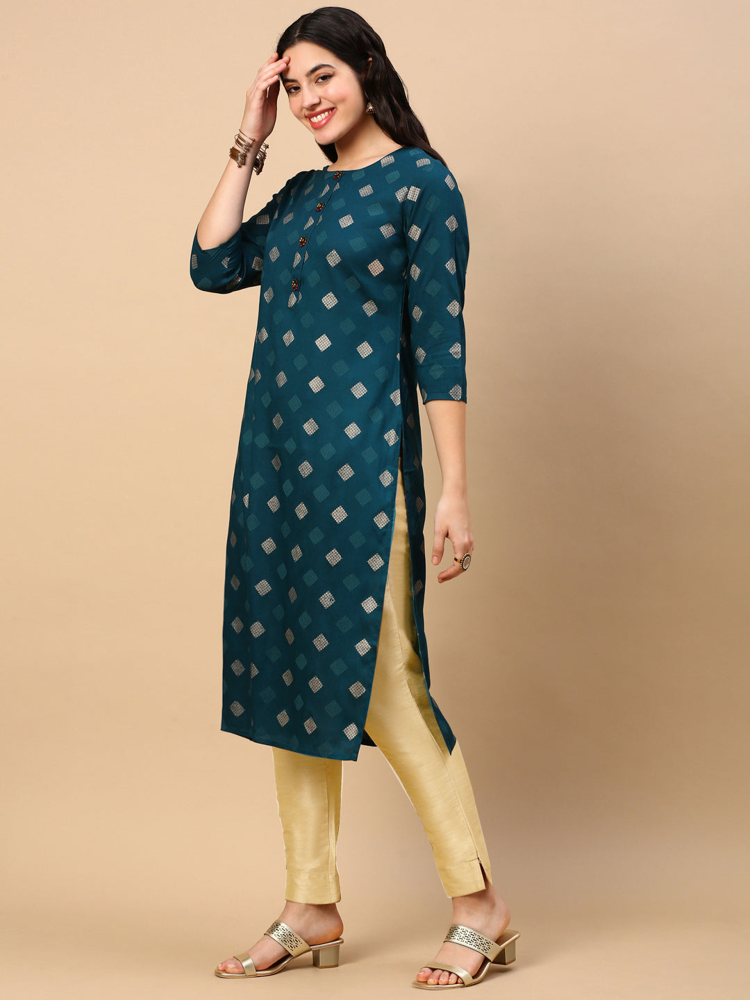 Women Teal Graphic Straight Kurta