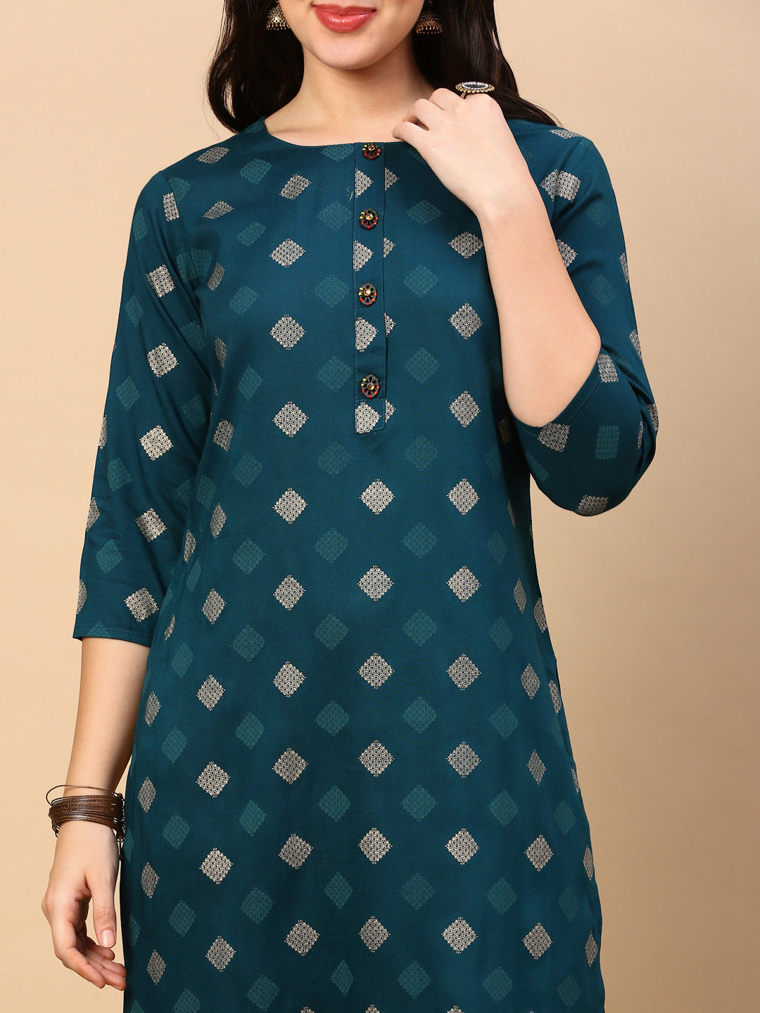 Women Teal Graphic Straight Kurta