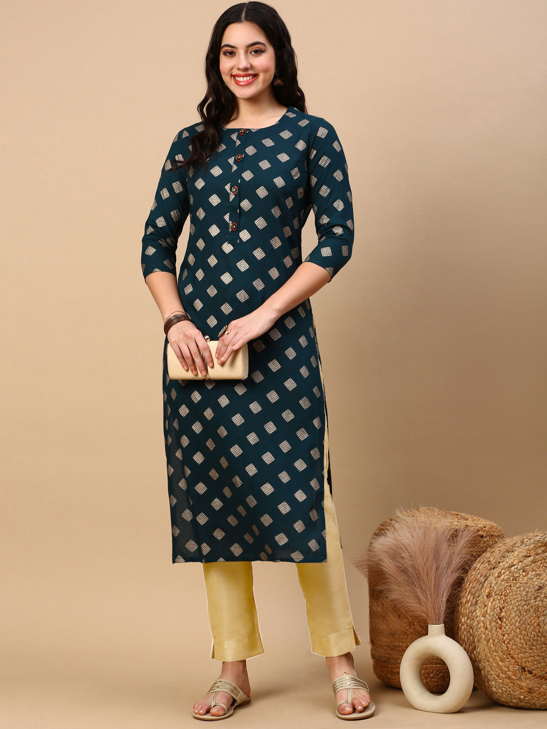 Women Teal Graphic Straight Kurta